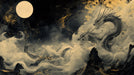 Mythical dragon illustration in charcoal and gold clouds with a full moon