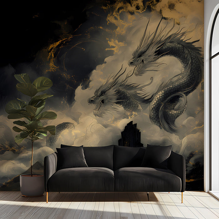 Cinematic dragon cloud wall mural in a dimly lit home theater or media room