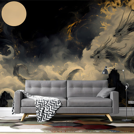Moody dragon mural installed as a feature wall behind a luxury king-sized bed