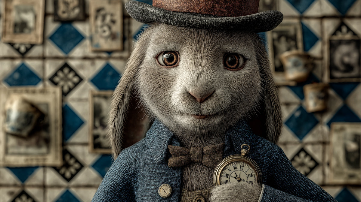 A portrait of a whimsical rabbit in a top hat and blue coat against a blue and white patterned tile background