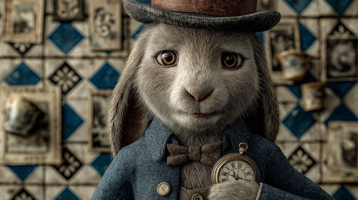 A portrait of a whimsical rabbit in a top hat and blue coat against a blue and white patterned tile background