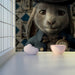 Storybook-themed wallpaper in a quirky powder room with brass fixtures