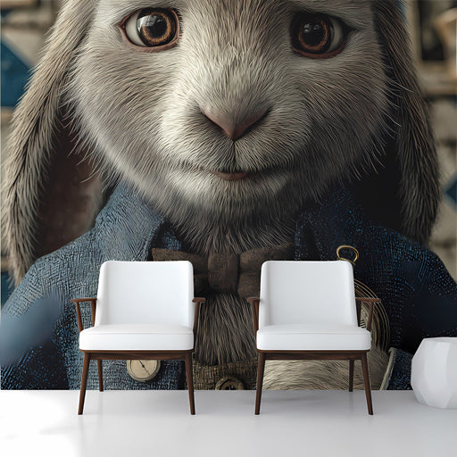 Whimsical rabbit mural installed in a cozy reading library with wooden bookshelves