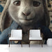 Whimsical rabbit mural installed in a cozy reading library with wooden bookshelves