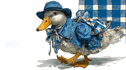 Whimsical illustration of a duck wearing a blue hat and coat, with ochre yellow beak and feet, on a white background.