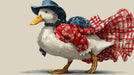 A white duck wearing a blue hat, red floral jacket, and red and white gingham cape on a neutral background