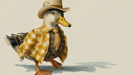 A whimsical illustration of a duck wearing a straw hat, gingham shirt, and tie against a cream background.