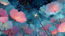 Floral pattern with glowing pink and blue flowers against a starry navy blue background