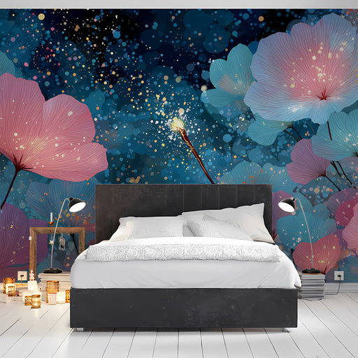 Whimsical botanical mural featured on a living room accent wall with modern minimalist decor