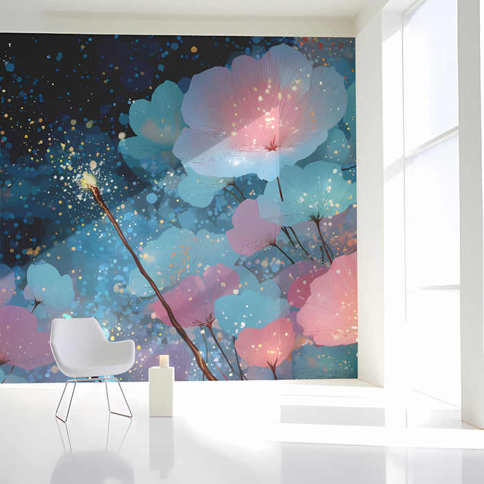 Floral mural installed on a large bedroom feature wall behind a velvet bed frame