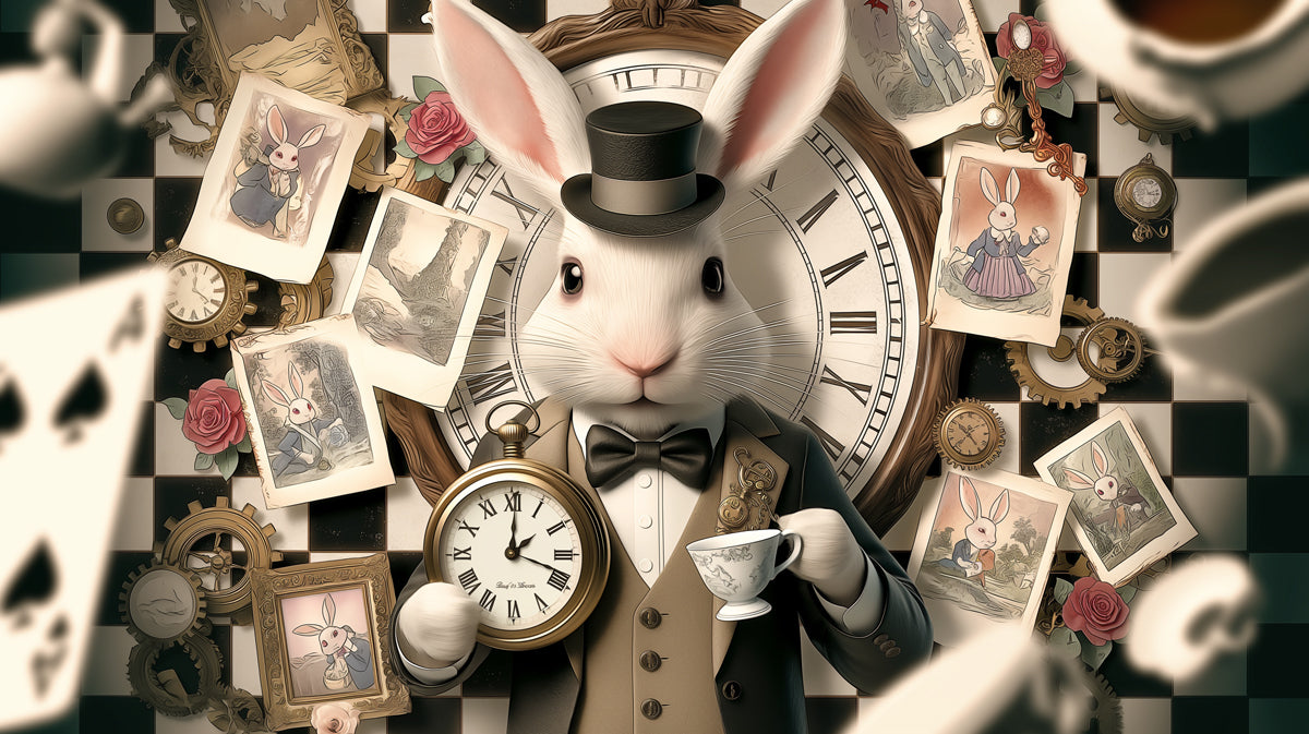 Whimsical mural featuring a dapper white rabbit in a tuxedo holding a pocket watch against a black and white checkerboard background