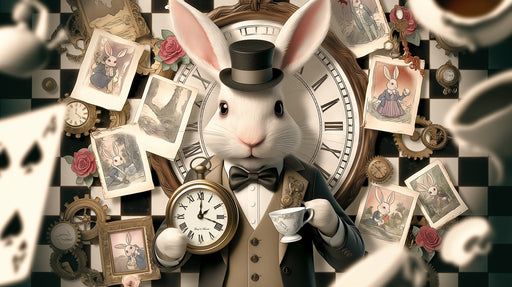 Whimsical mural featuring a dapper white rabbit in a tuxedo holding a pocket watch against a black and white checkerboard background