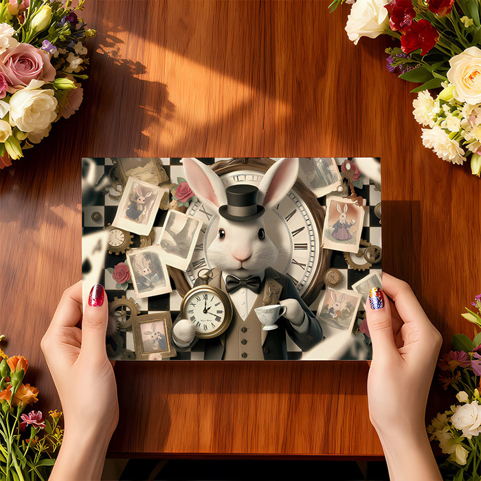 Storybook-inspired rabbit mural in a cozy reading nook with a velvet armchair and brass floor lamp