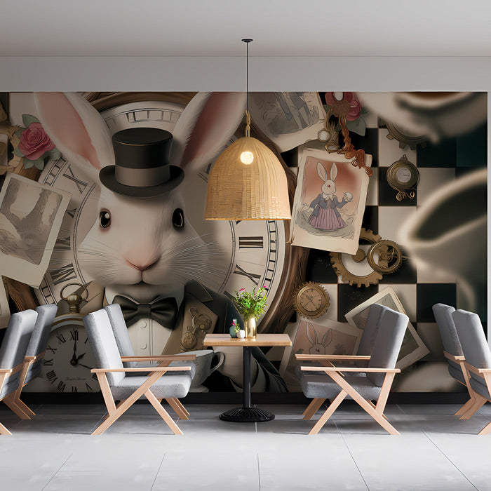 Fantasy rabbit mural decorating a playful dining room wall with vintage-style decor accents
