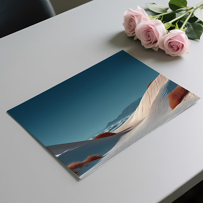 Bedroom wall mural showing a serene white sand landscape to create a sense of calm and openness