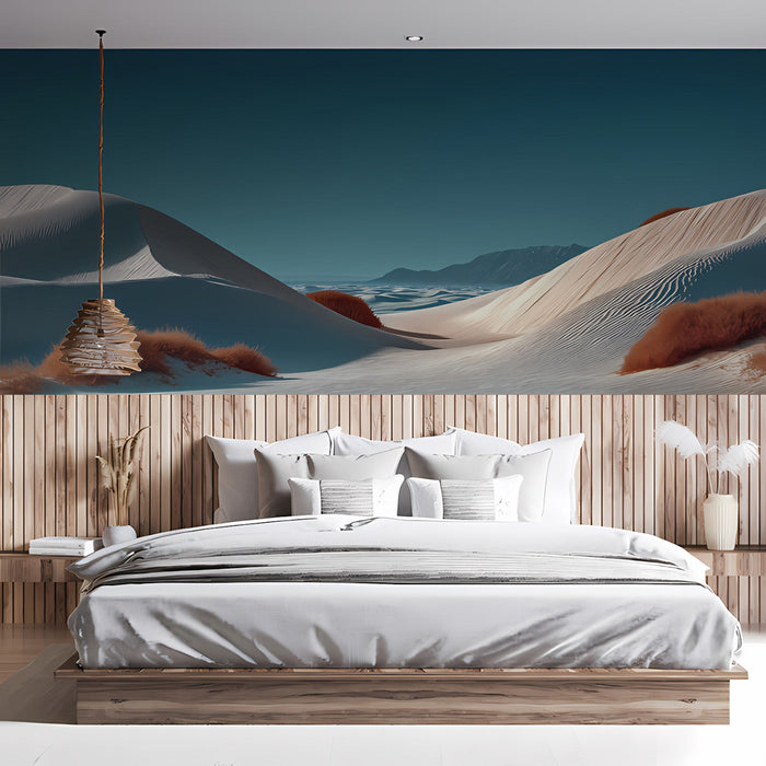 Living room interior featuring a desert dune mural wallpaper behind a minimalist cream sofa