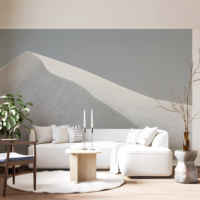 A quiet home office or study space styled with the calm white dune mural as a subtle, clean-lined feature wall.