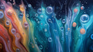 Abstract wallpaper featuring swirling fluid layers of blue, orange, and turquoise with spherical bubble accents.