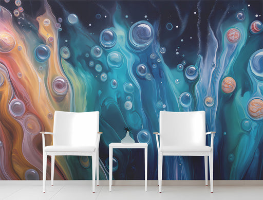 A modern living room featuring the cosmic fluid wallpaper as a bold statement behind a velvet sofa.