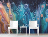A modern living room featuring the cosmic fluid wallpaper as a bold statement behind a velvet sofa.
