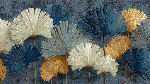 Abstract ginkgo leaves in navy, cream, and metallic gold set against a textured charcoal plaster wall.