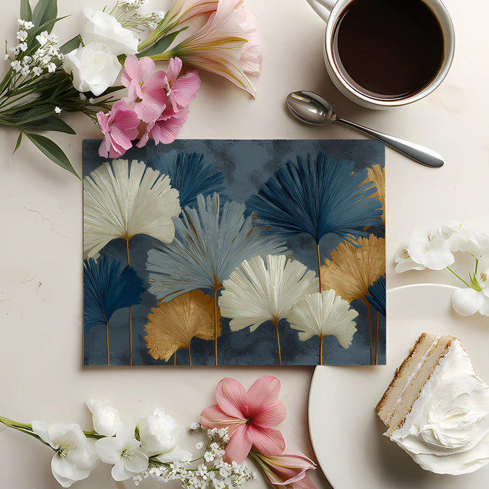 A contemporary dining room with the navy and gold ginkgo wallpaper creating a luxurious, gallery-like feel.