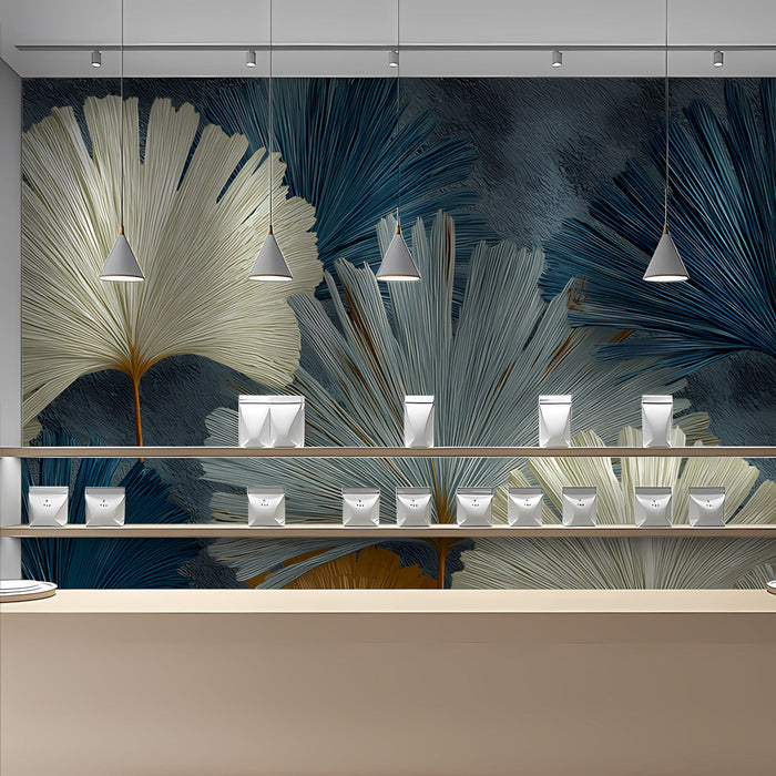 A sophisticated living room featuring the ginkgo leaf mural as a dramatic backdrop behind a velvet sofa.