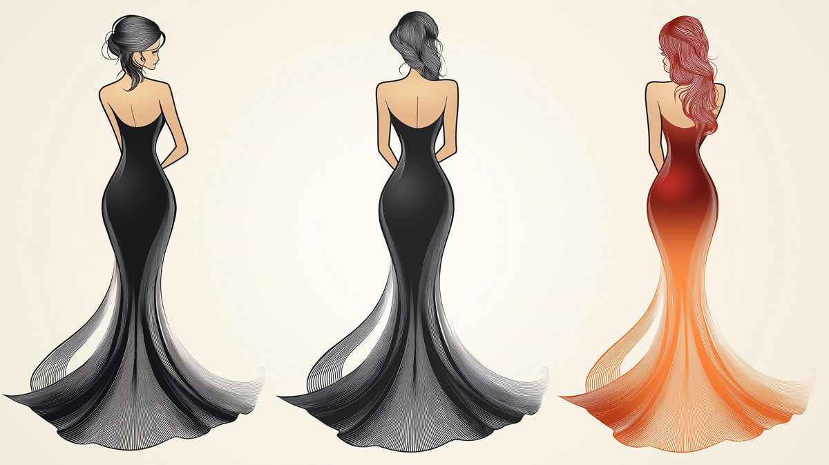 Three elegant female silhouettes in black and orange gowns rendered in delicate line art on a cream background.