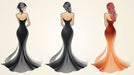 Three elegant female silhouettes in black and orange gowns rendered in delicate line art on a cream background.