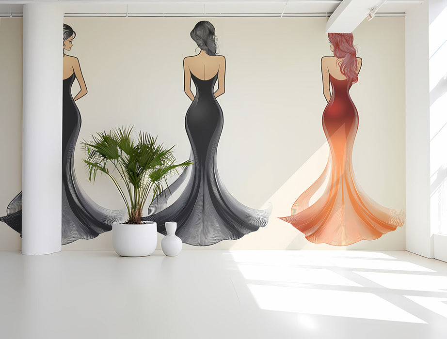 Fashion-inspired mural installed in a sophisticated walk-in closet with ambient lighting.