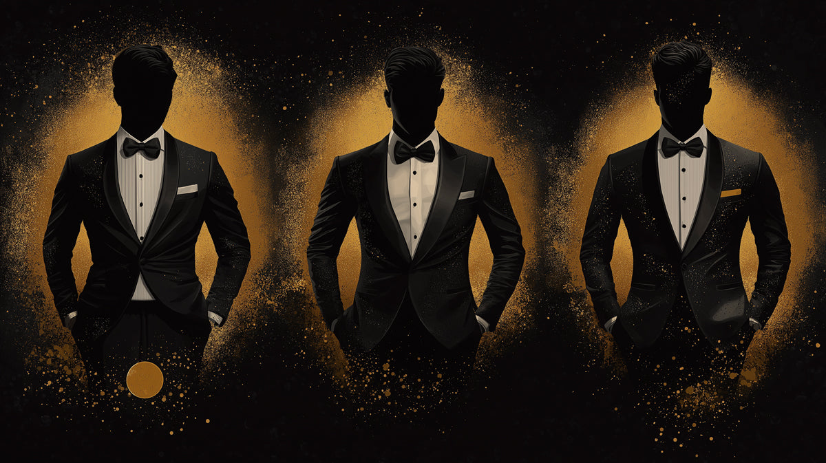 Three silhouetted figures in tuxedos against a dark charcoal background with shimmering gold dust halos.