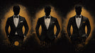Three silhouetted figures in tuxedos against a dark charcoal background with shimmering gold dust halos.