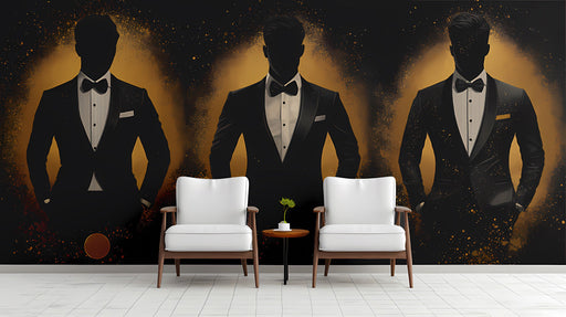 A sophisticated home theatre room featuring a dramatic tuxedo silhouette wallpaper behind the screen.
