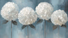Abstract oil painting style floral wallpaper with white hydrangea blooms on a slate blue textured background.