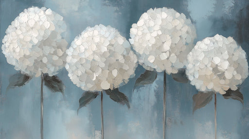 Abstract oil painting style floral wallpaper with white hydrangea blooms on a slate blue textured background.