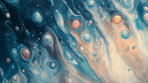 Abstract fluid art wallpaper featuring swirling deep blue, sapphire, and soft peach circular motifs.