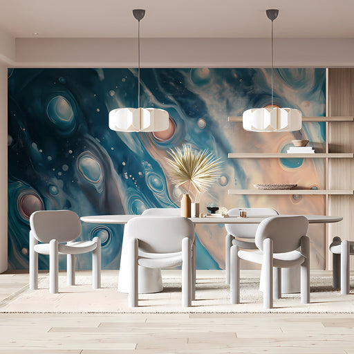 Professional home office space with a sophisticated blue and peach fluid art mural.