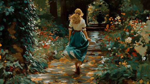 Oil painting style mural of a woman walking through a lush, colorful garden path with teal and ochre tones.