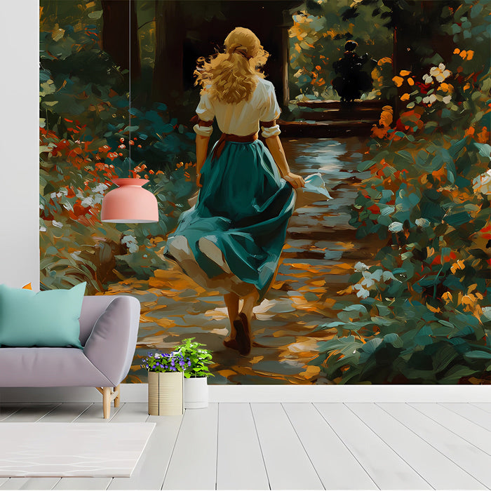 A tranquil library or reading nook decorated with the scenic garden oil painting wallpaper.