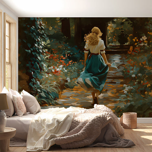 A cozy bedroom featuring the garden stroll mural behind a wooden headboard.