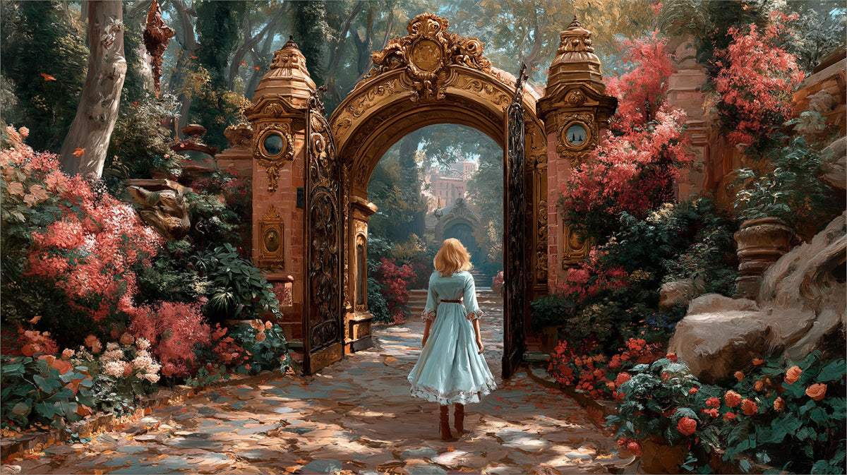 Baroque garden scene wallpaper featuring a golden ornate gate, terracotta roses, and a woman in a light blue dress.