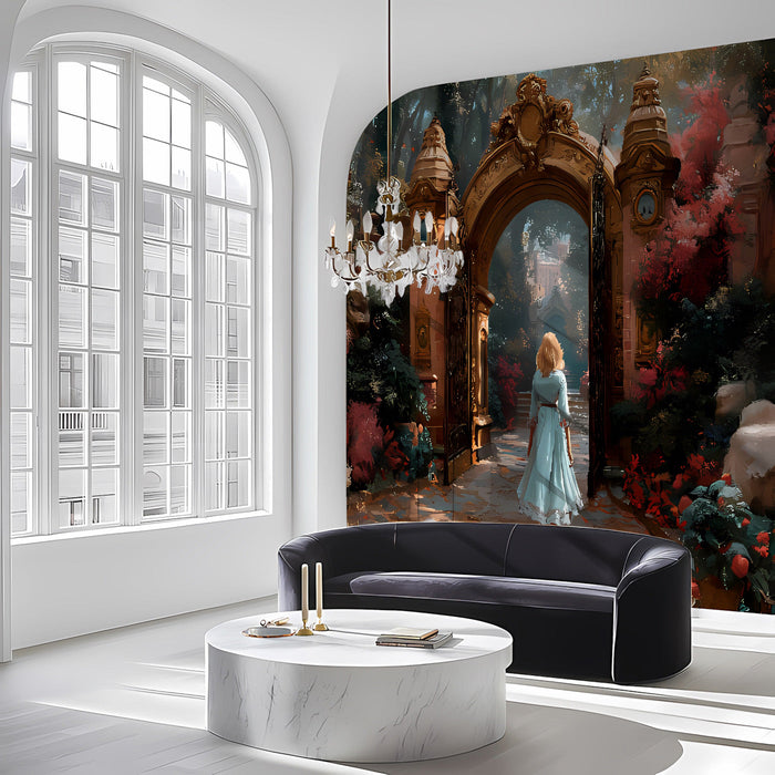 A grand entryway showing the garden gate mural creating a dramatic first impression.