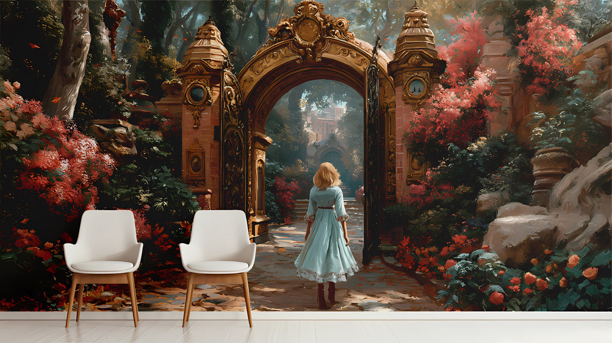 The ornate garden mural installed in a moody, sophisticated living room with velvet furniture.