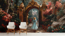 The ornate garden mural installed in a moody, sophisticated living room with velvet furniture.