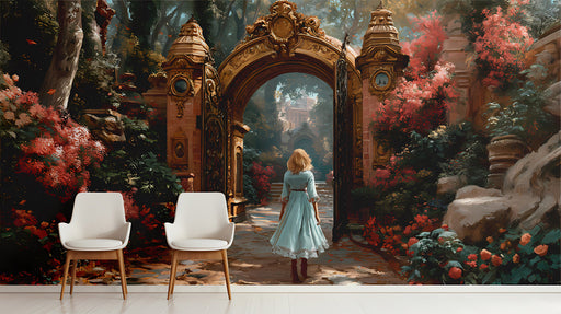 The ornate garden mural installed in a moody, sophisticated living room with velvet furniture.