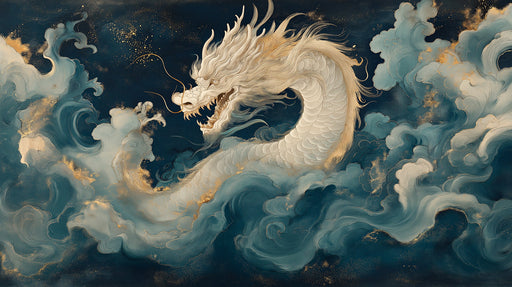 A majestic dragon mural in cream and white weaving through deep navy and teal clouds with gold leaf accents.