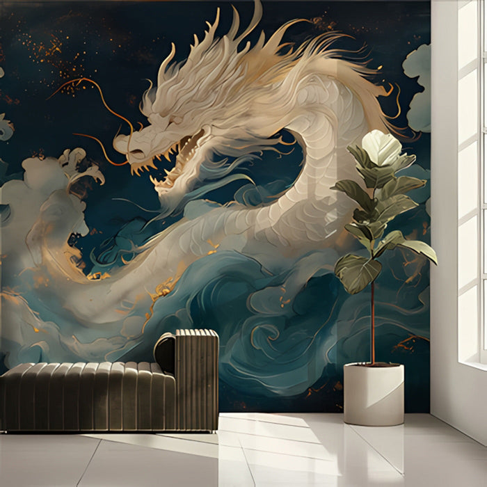An elegant dining area with the dragon mural as a statement backdrop behind a minimalist wooden table.