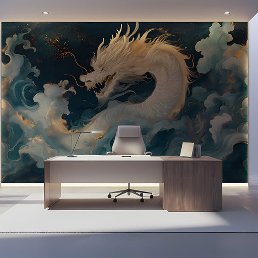 The dragon wall mural styled as a sophisticated focal point behind a dark leather sofa in a modern living room.