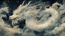 A detailed mural showing a white celestial dragon winding through stormy midnight blue clouds with gold stardust accents.