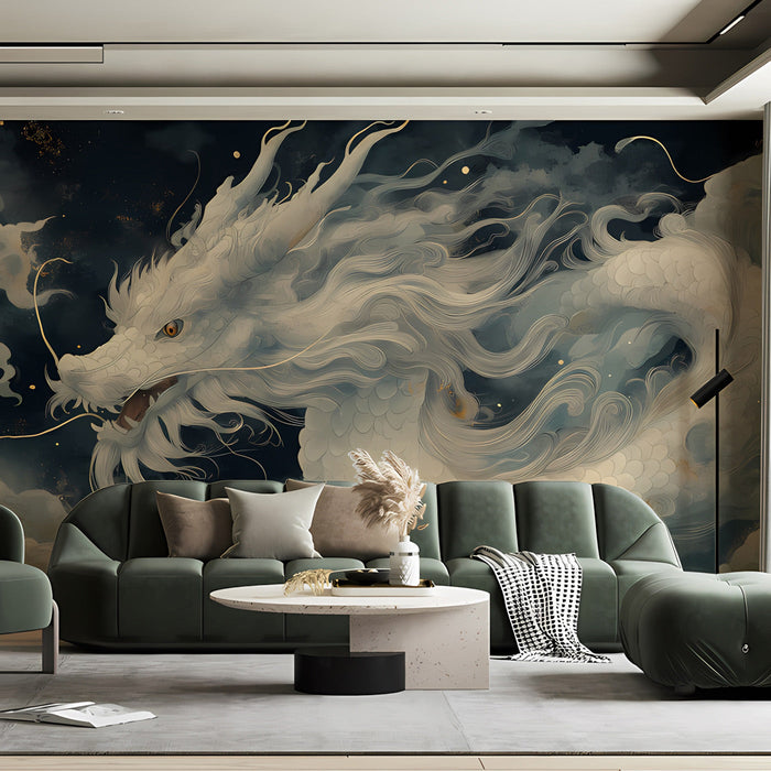A dramatic bedroom setting with the celestial dragon wallpaper creating a bold focal point behind a king bed.